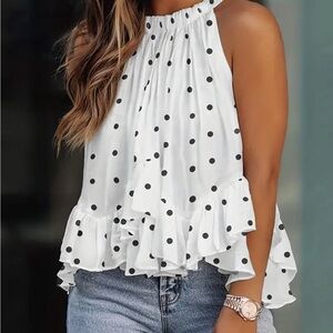 Source Unknown White and Black Polka Dot Ruffle Blouse